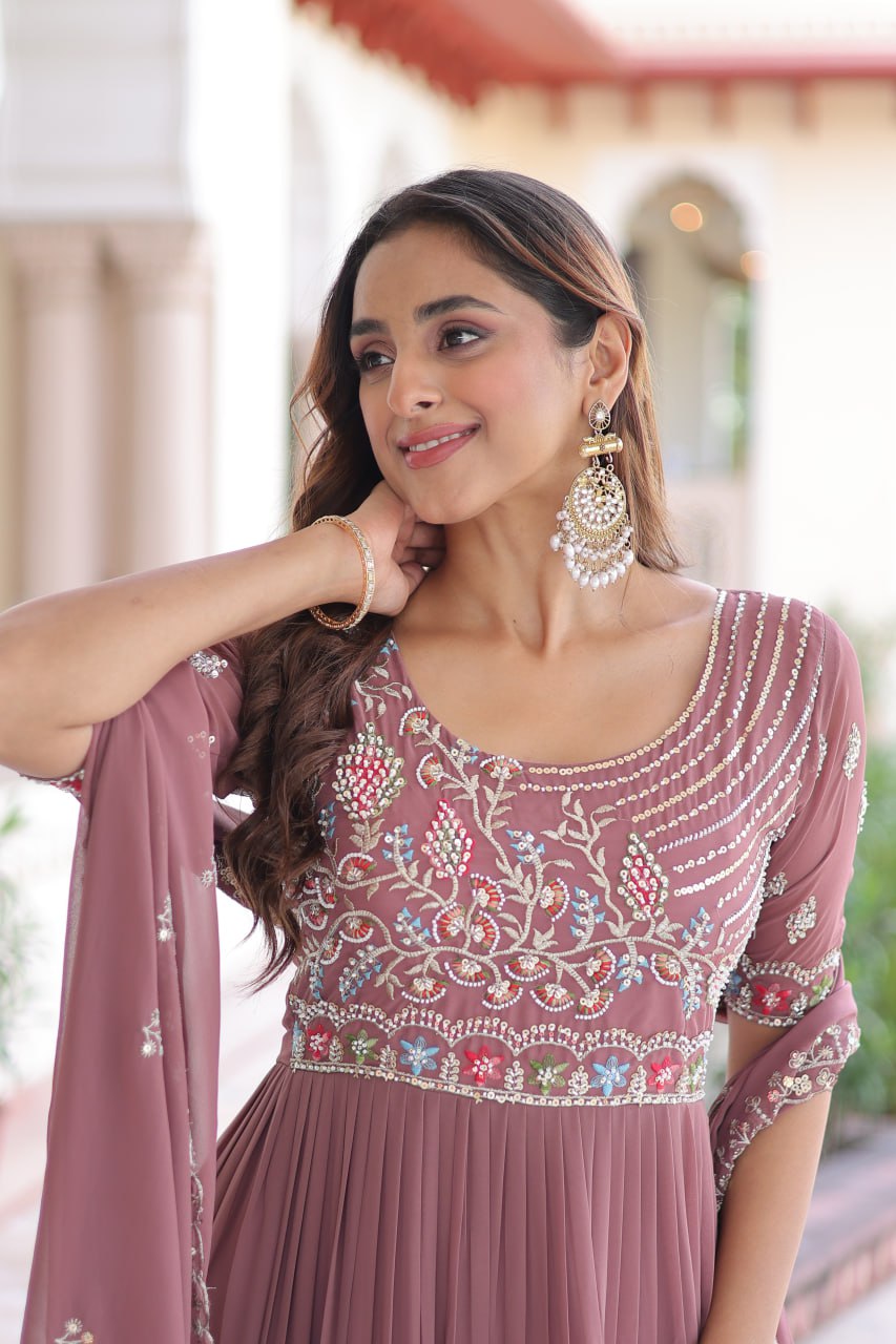 Premium Faux Blooming Sequins & Beads Embroidered Gown Set