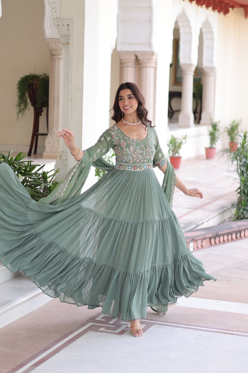 Premium Faux Blooming Sequins & Beads Embroidered Gown Set