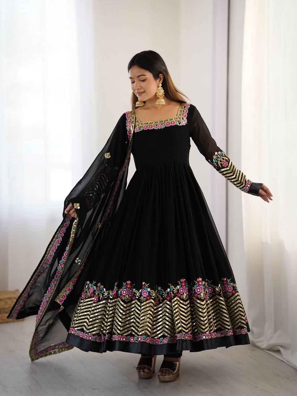 Black Color Heavy Georgette Embroidered Anarkali Gown Set with Dupatta & Bottom