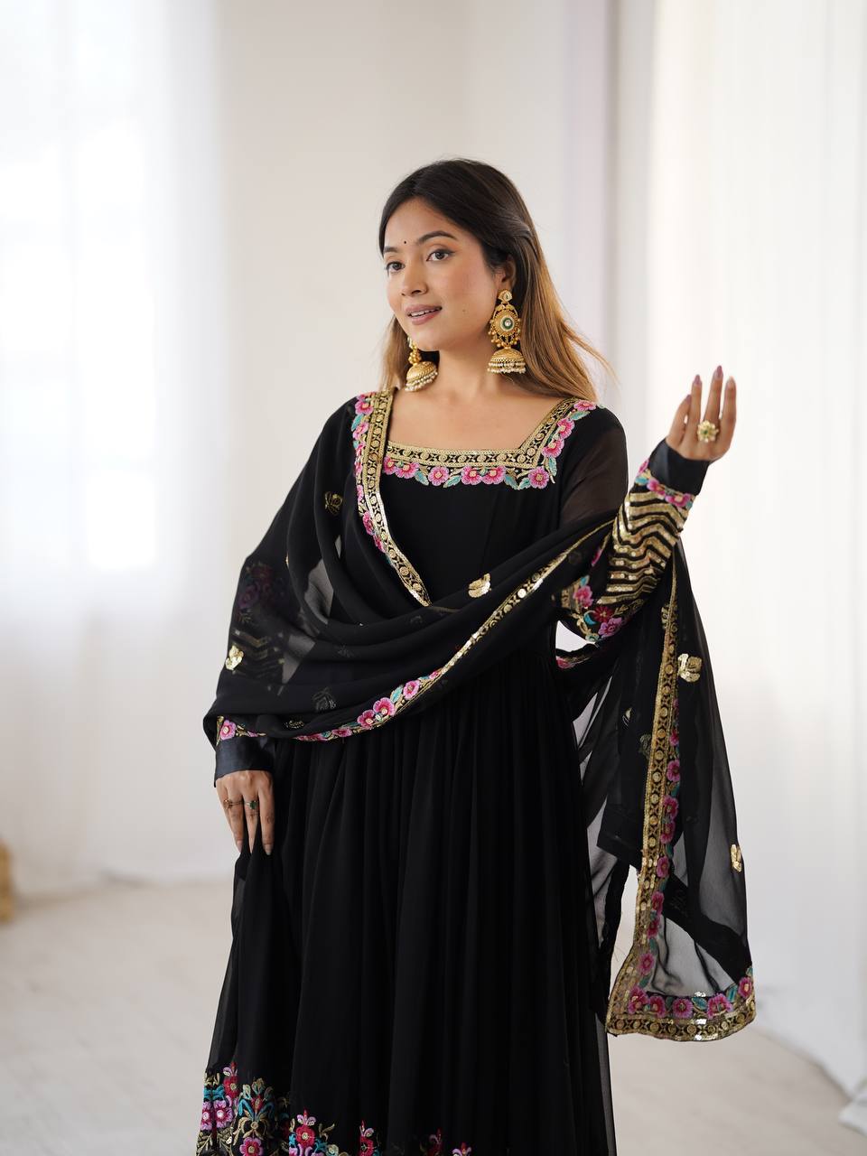 Black Color Heavy Georgette Embroidered Anarkali Gown Set with Dupatta & Bottom