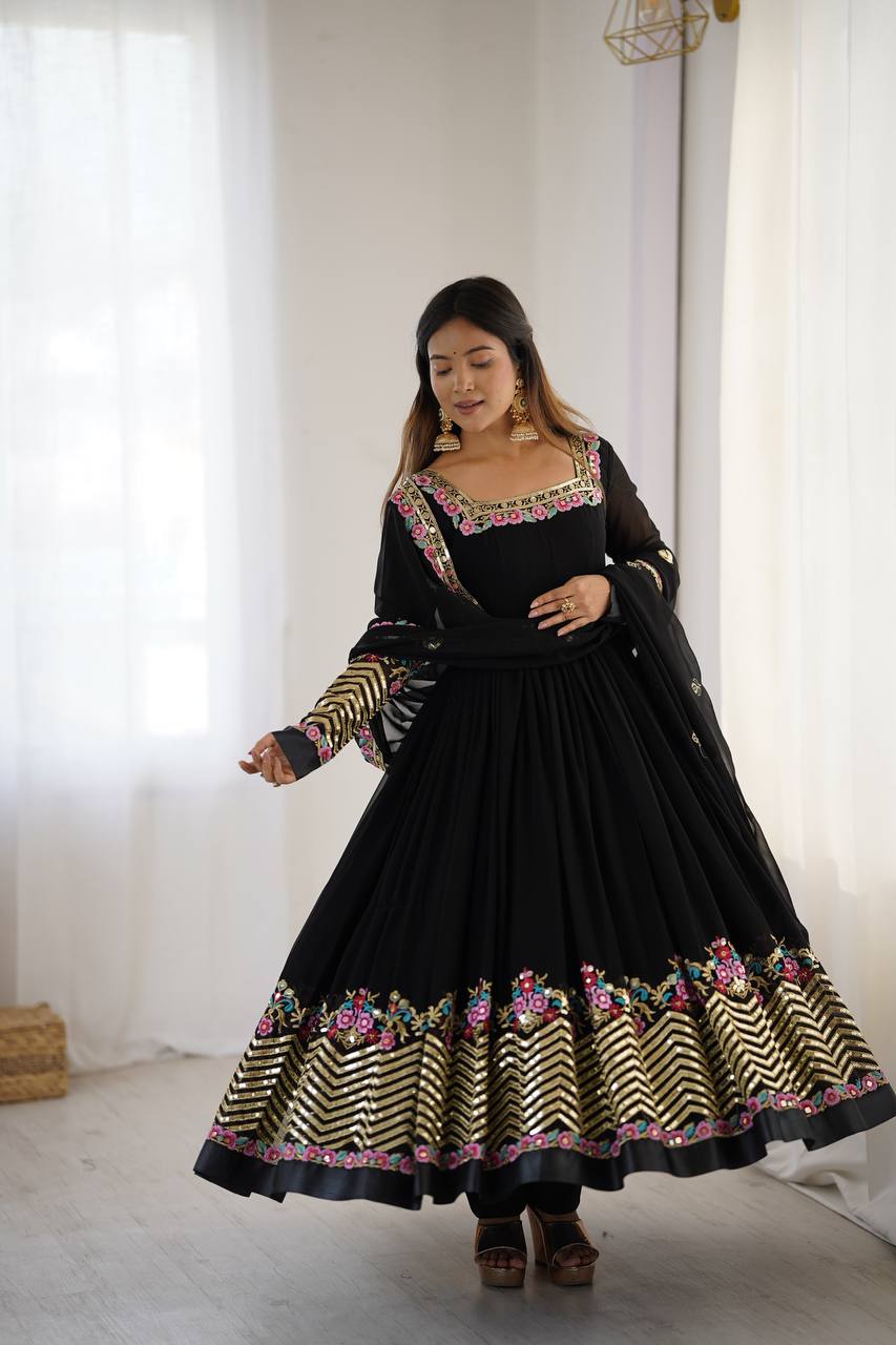 Black Color Heavy Georgette Embroidered Anarkali Gown Set with Dupatta & Bottom