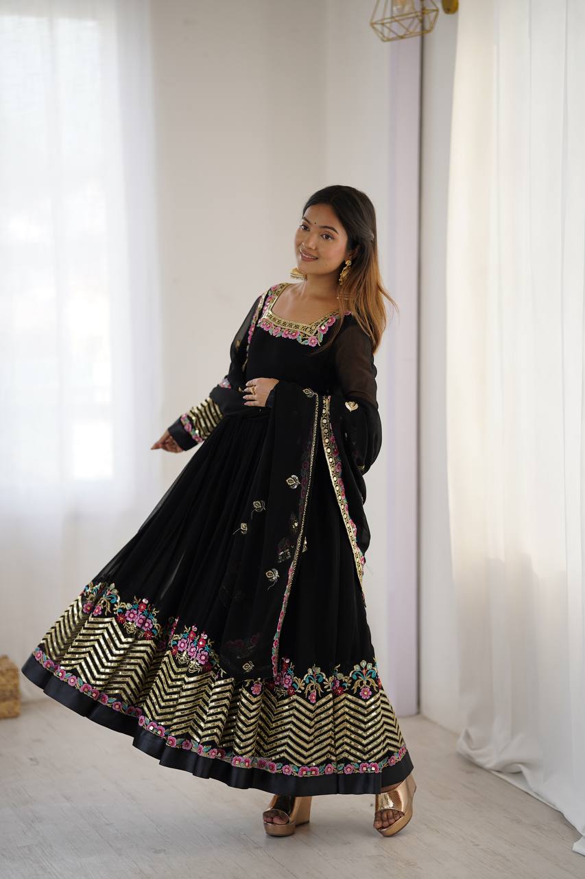 Black Color Heavy Georgette Embroidered Anarkali Gown Set with Dupatta & Bottom