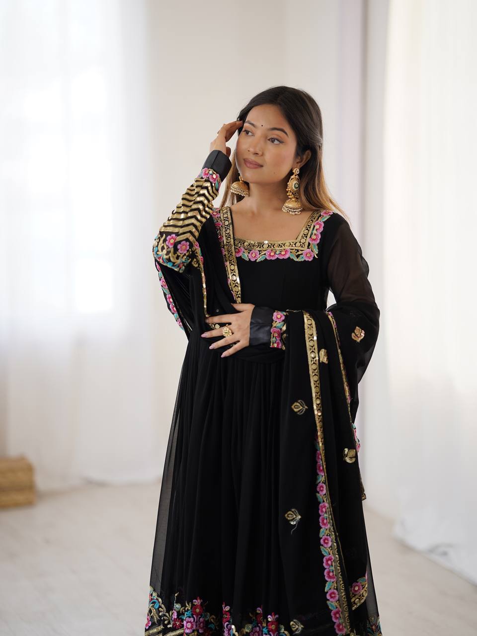 Black Color Heavy Georgette Embroidered Anarkali Gown Set with Dupatta & Bottom