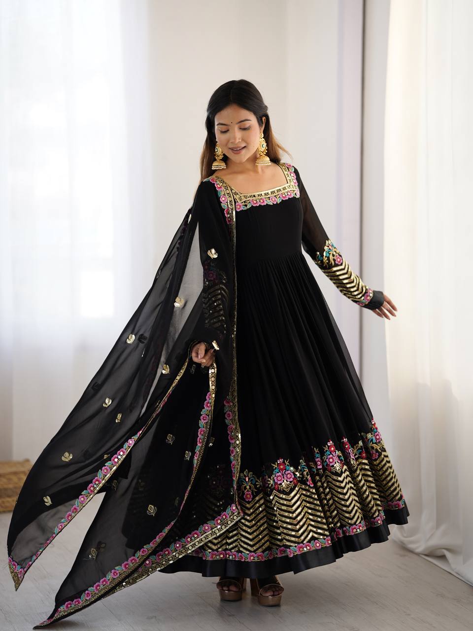 Black Color Heavy Georgette Embroidered Anarkali Gown Set with Dupatta & Bottom