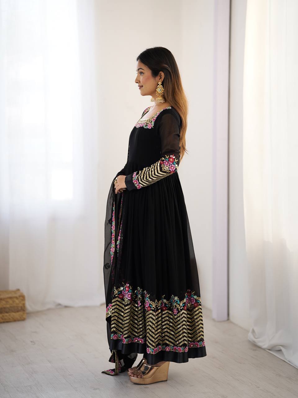 Black Color Heavy Georgette Embroidered Anarkali Gown Set with Dupatta & Bottom