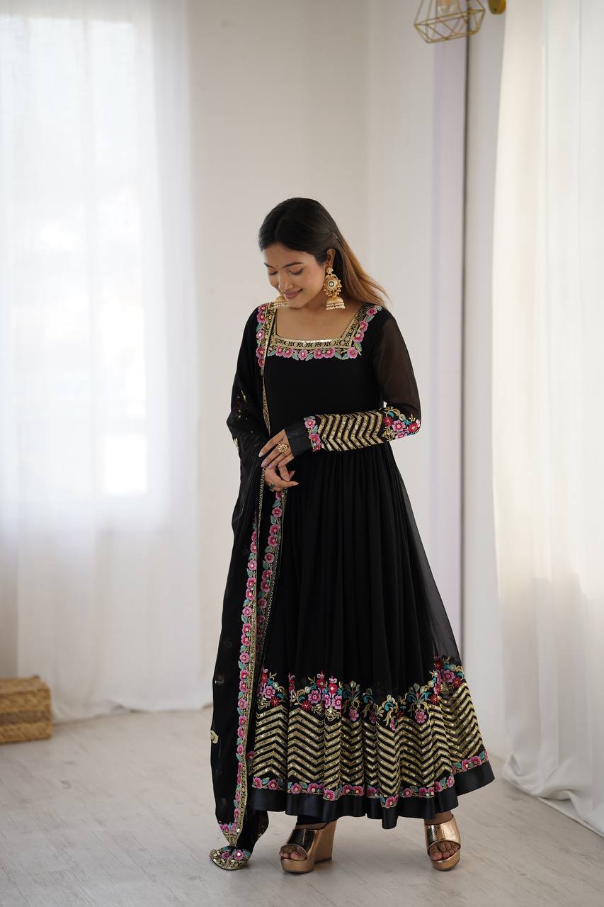 Black Color Heavy Georgette Embroidered Anarkali Gown Set with Dupatta & Bottom