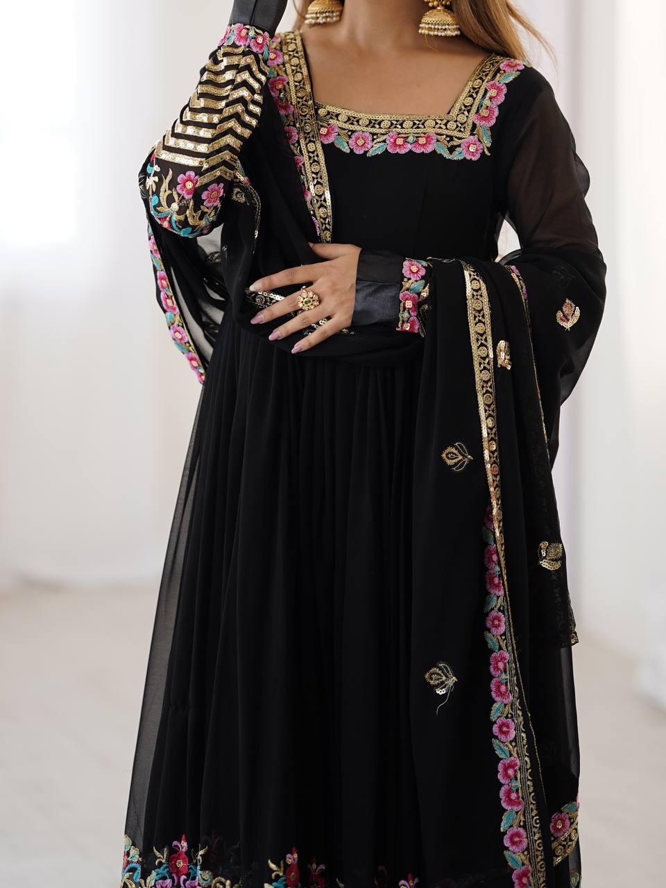 Black Color Heavy Georgette Embroidered Anarkali Gown Set with Dupatta & Bottom