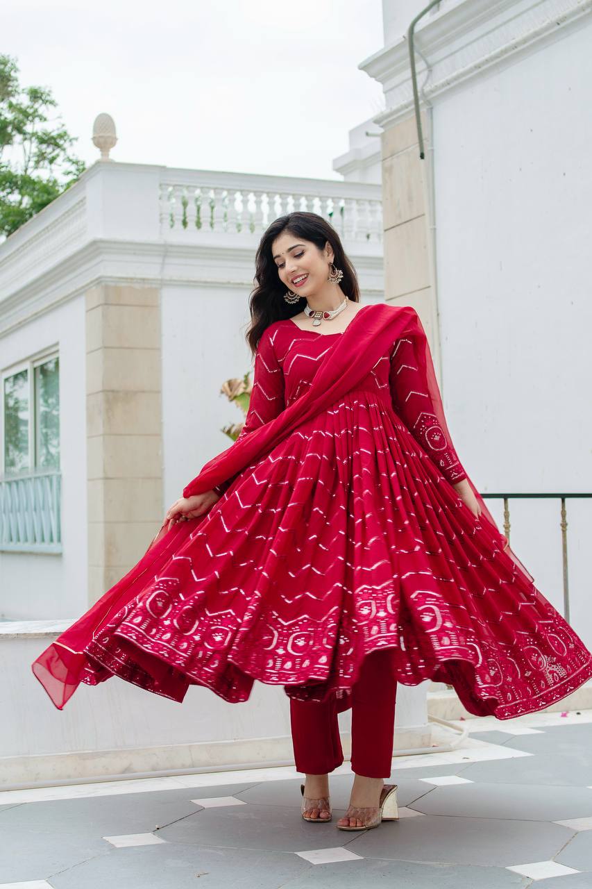 Red Color Partywear Premium Designer Anarkali Set