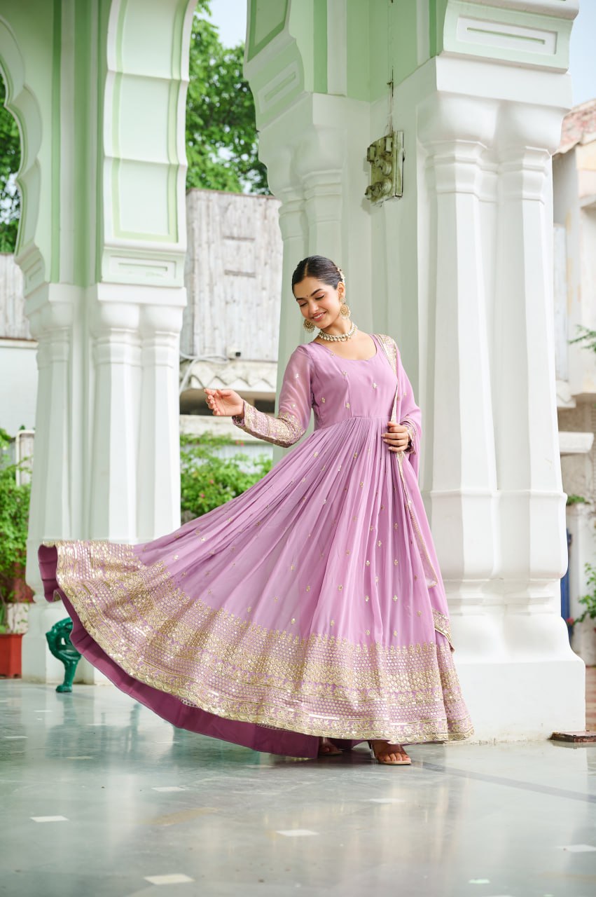 Designer Faux Georgette Embroidered Gown with Dupatta