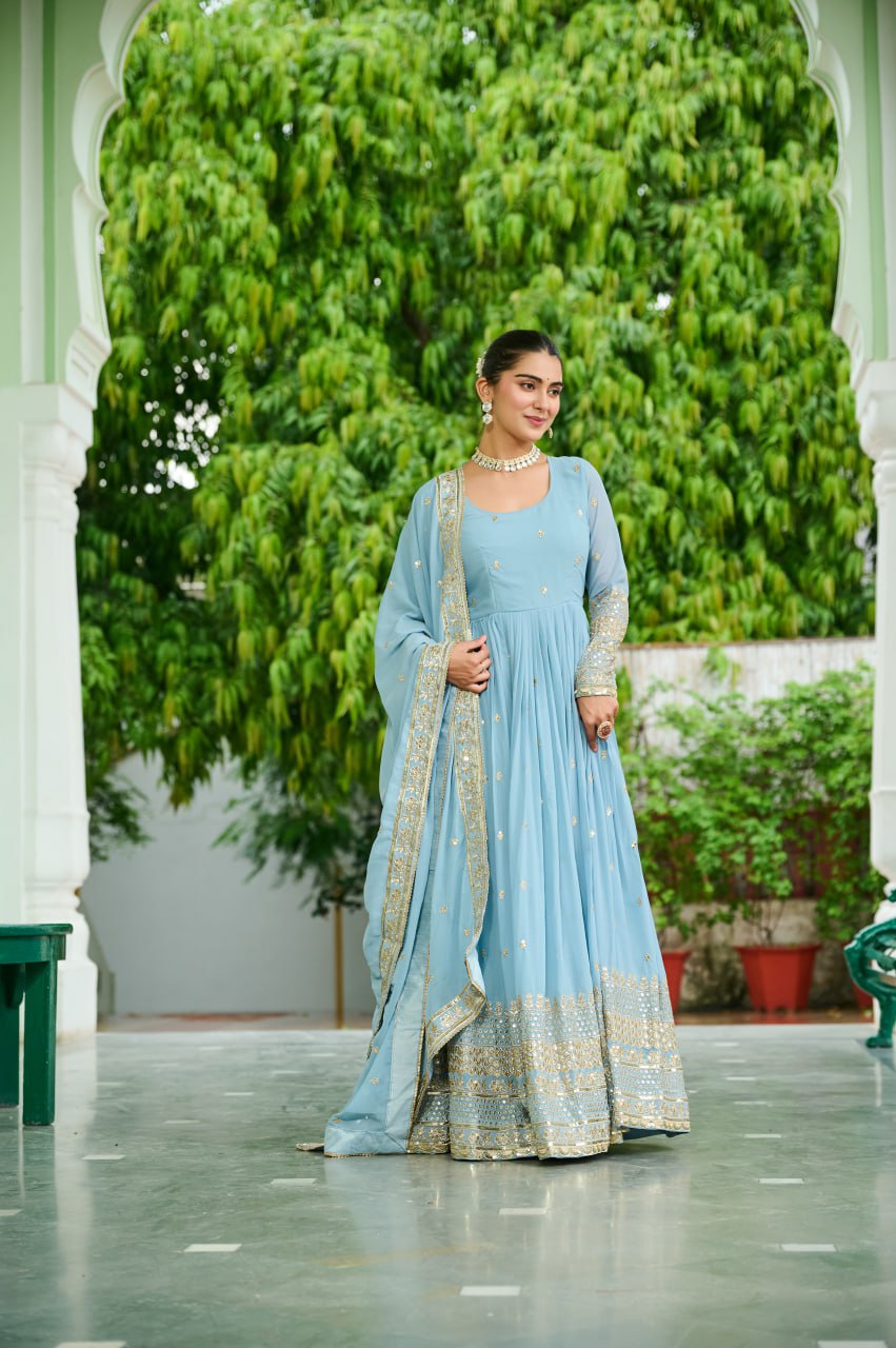 Designer Faux Georgette Embroidered Gown with Dupatta