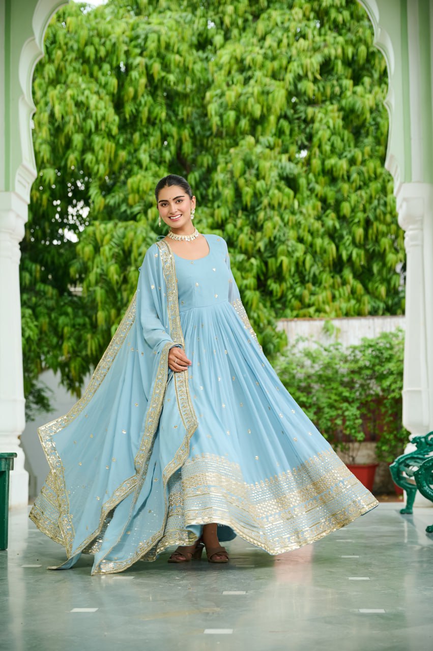 Designer Faux Georgette Embroidered Gown with Dupatta