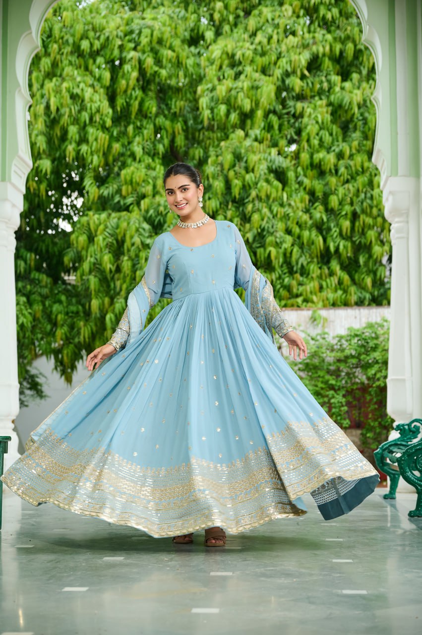 Designer Faux Georgette Embroidered Gown with Dupatta