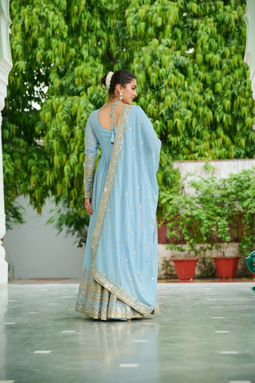 Designer Faux Georgette Embroidered Gown with Dupatta
