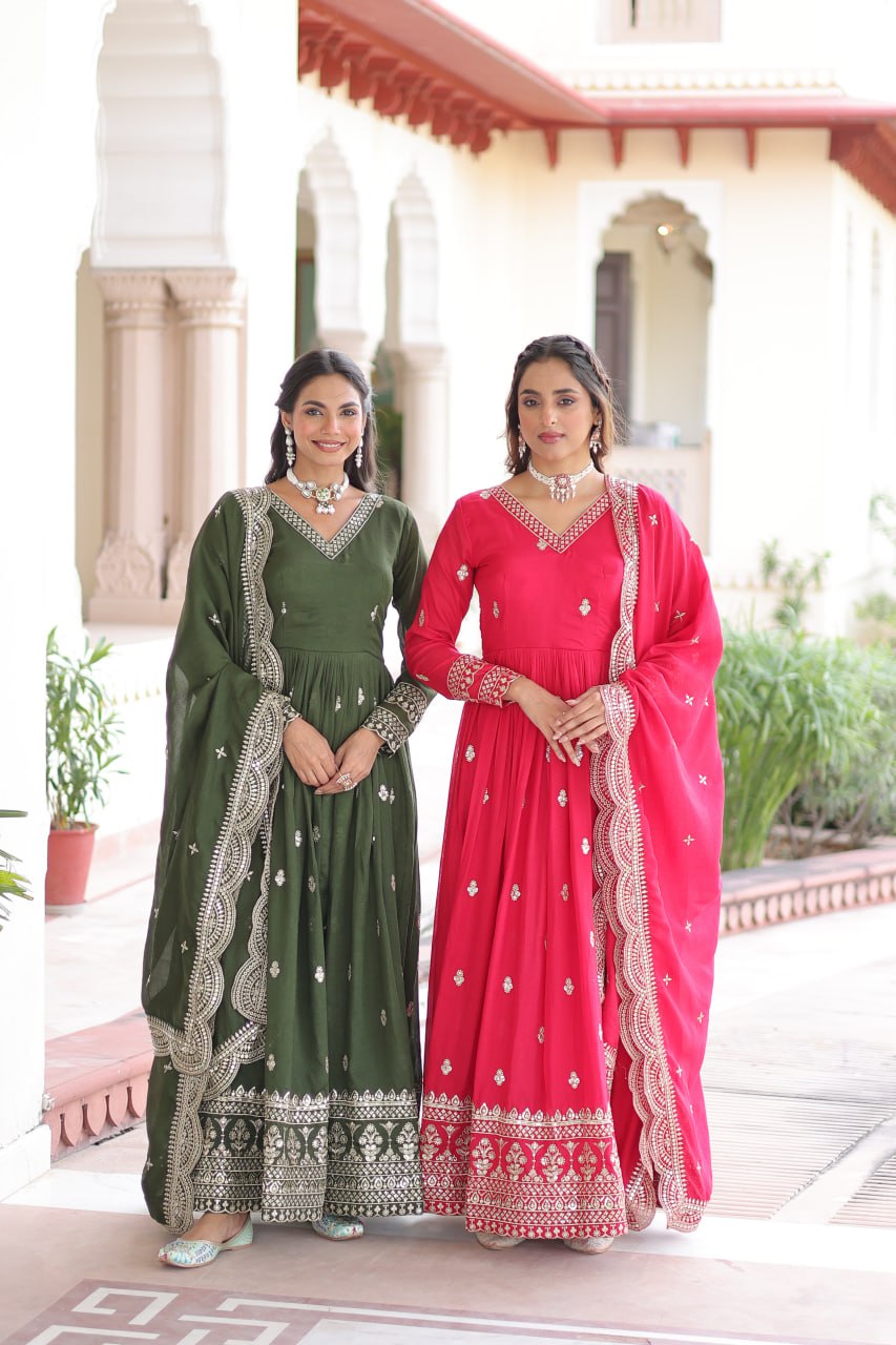 Premium Vichitra Silk Sequins & Zari Embroidered Gown Set