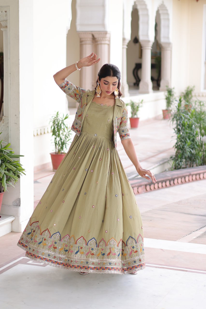 Vichitra Silk Embroidered Gown With Stylish Koti