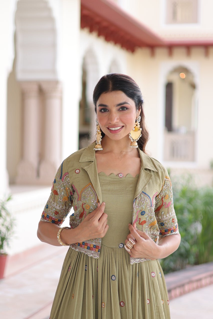 Vichitra Silk Embroidered Gown With Stylish Koti