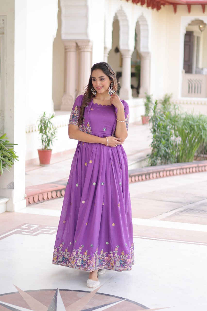 Vichitra Silk Embroidered Gown With Stylish Koti