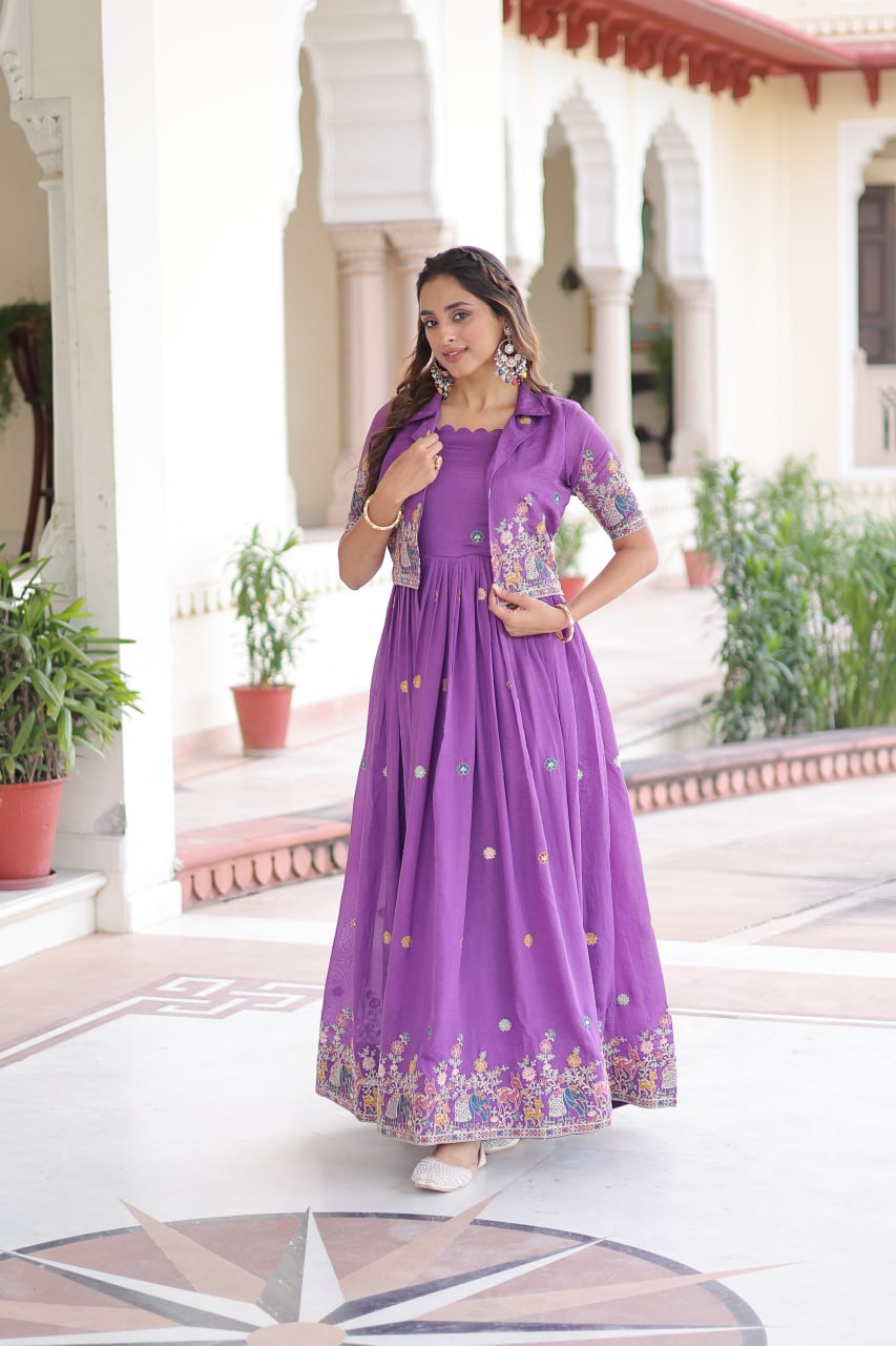 Vichitra Silk Embroidered Gown With Stylish Koti