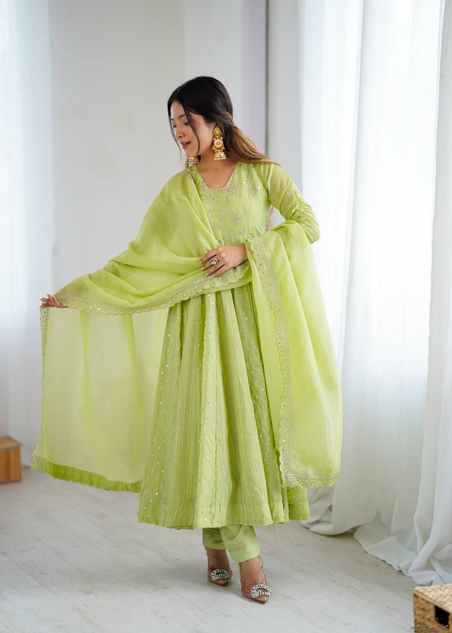 New Designer Crunchy Silk with full flair Anarkali Gown