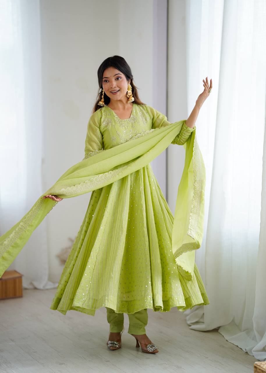 New Designer Crunchy Silk with full flair Anarkali Gown