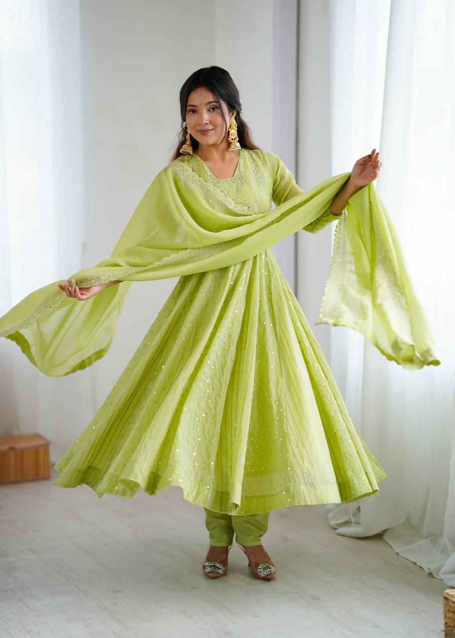 New Designer Crunchy Silk with full flair Anarkali Gown