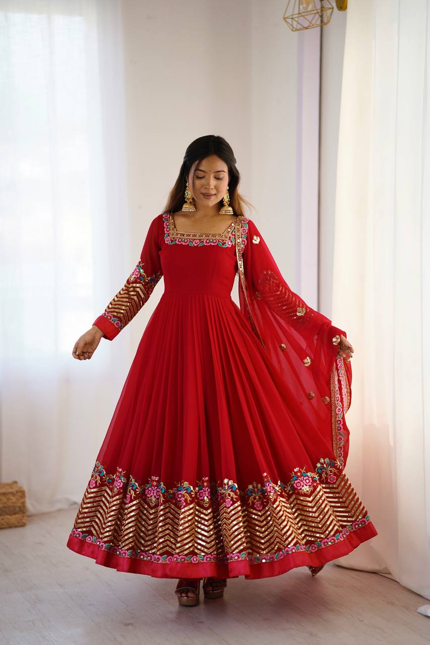 Heavy Georgette Embroidered Anarkali Gown Set with Dupatta & Bottom