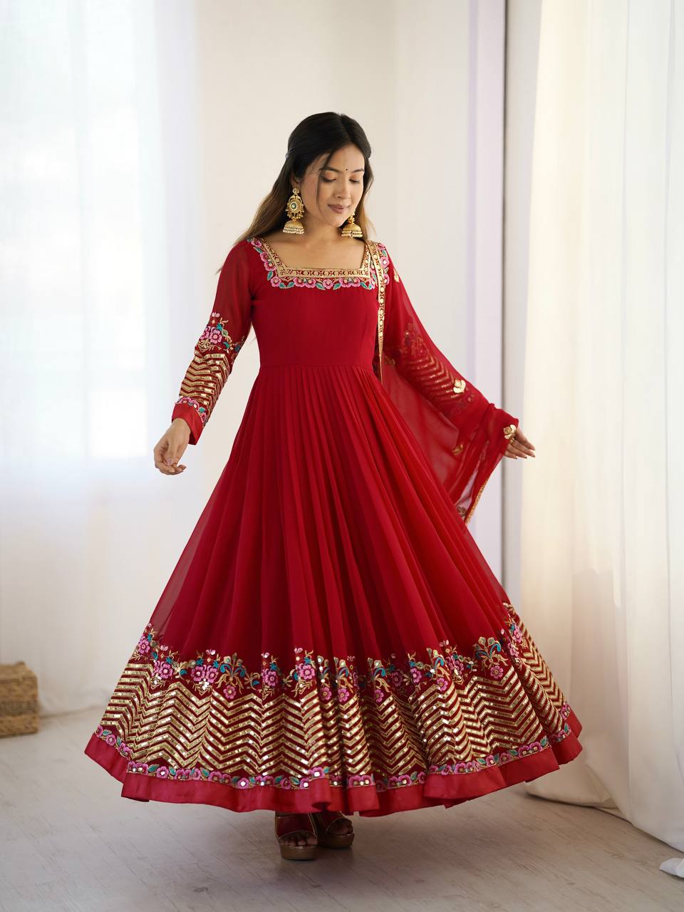 Heavy Georgette Embroidered Anarkali Gown Set with Dupatta & Bottom