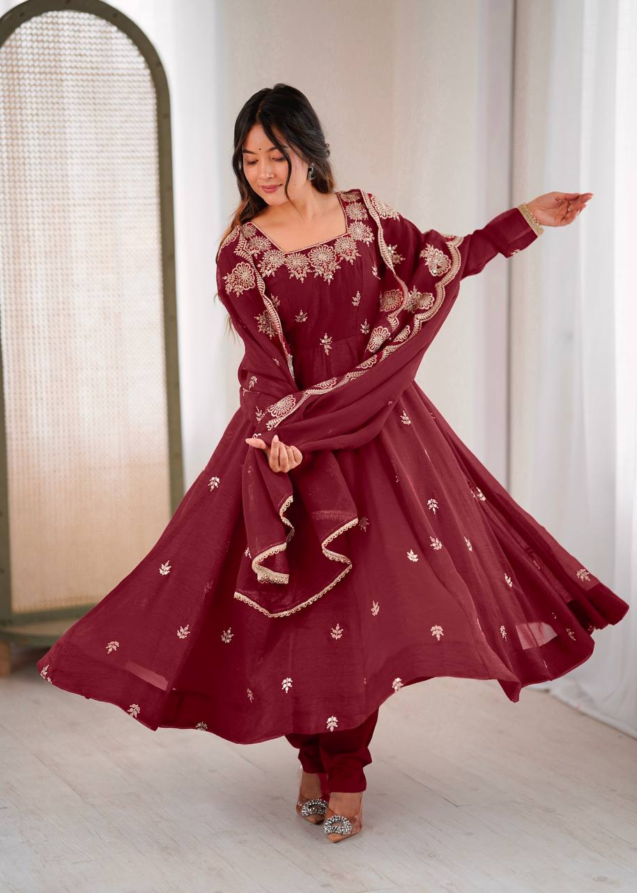 Wedding & Party Wear Anarkali Gown – Crunchy Silk with Embroidery & Dupatta