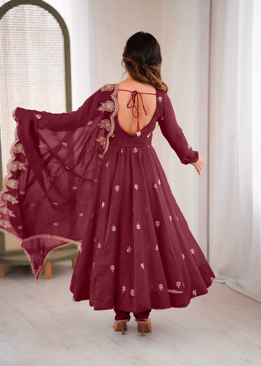 Wedding & Party Wear Anarkali Gown – Crunchy Silk with Embroidery & Dupatta