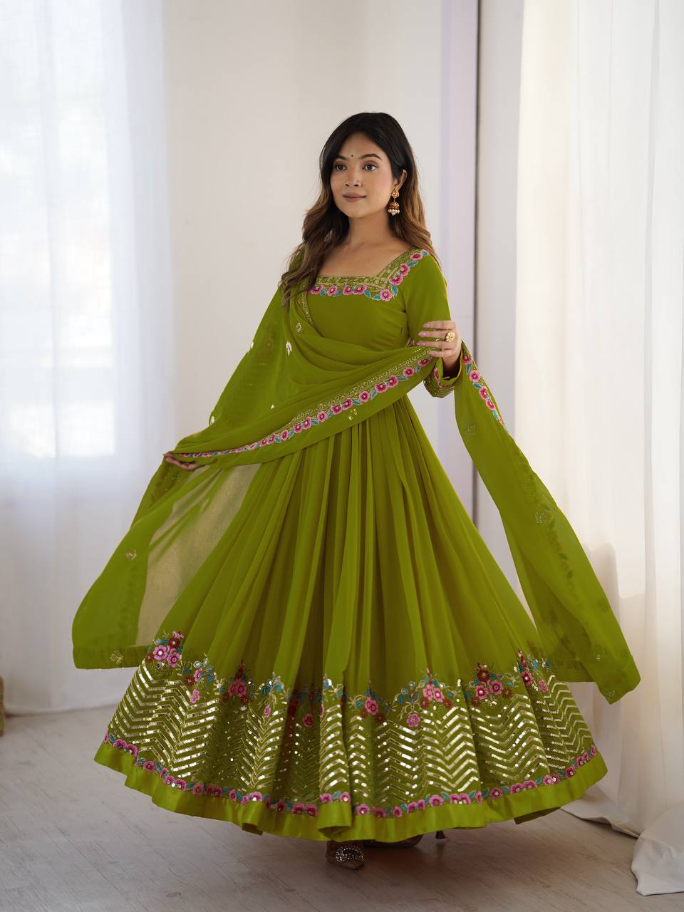 Green Color Heavy Georgette Embroidered Anarkali Gown Set with Dupatta & Bottom