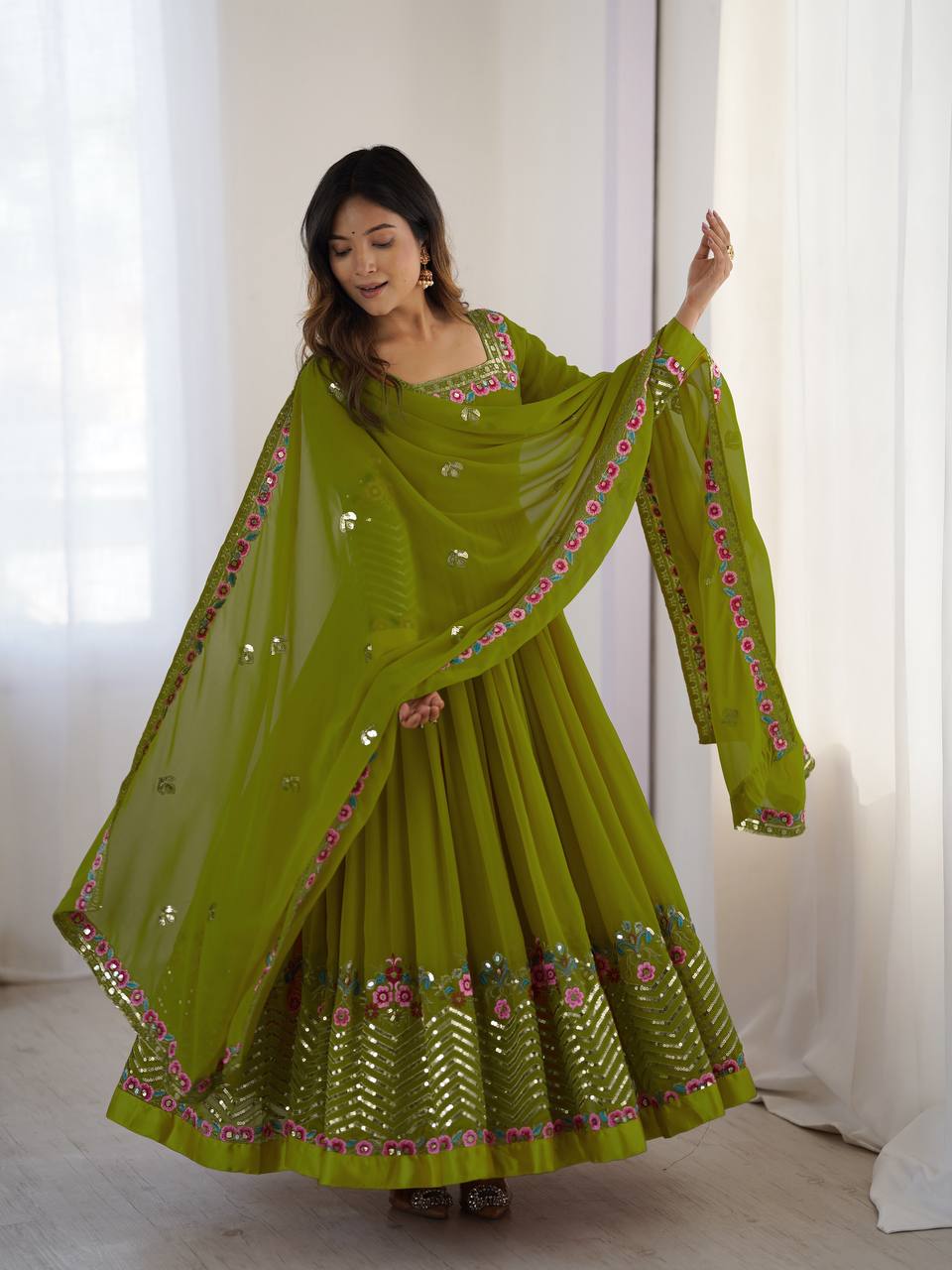 Green Color Heavy Georgette Embroidered Anarkali Gown Set with Dupatta & Bottom