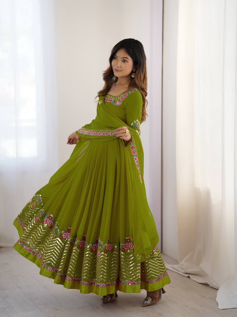 Green Color Heavy Georgette Embroidered Anarkali Gown Set with Dupatta & Bottom