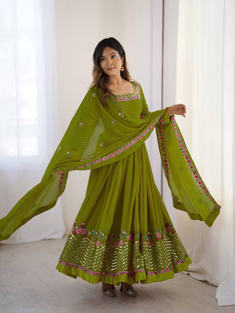 Green Color Heavy Georgette Embroidered Anarkali Gown Set with Dupatta & Bottom