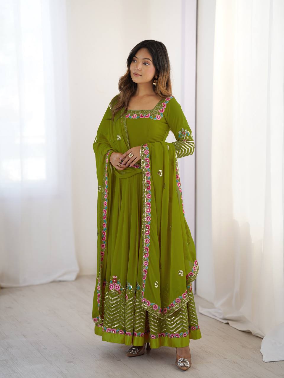 Green Color Heavy Georgette Embroidered Anarkali Gown Set with Dupatta & Bottom