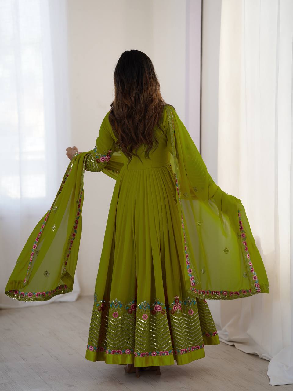 Green Color Heavy Georgette Embroidered Anarkali Gown Set with Dupatta & Bottom