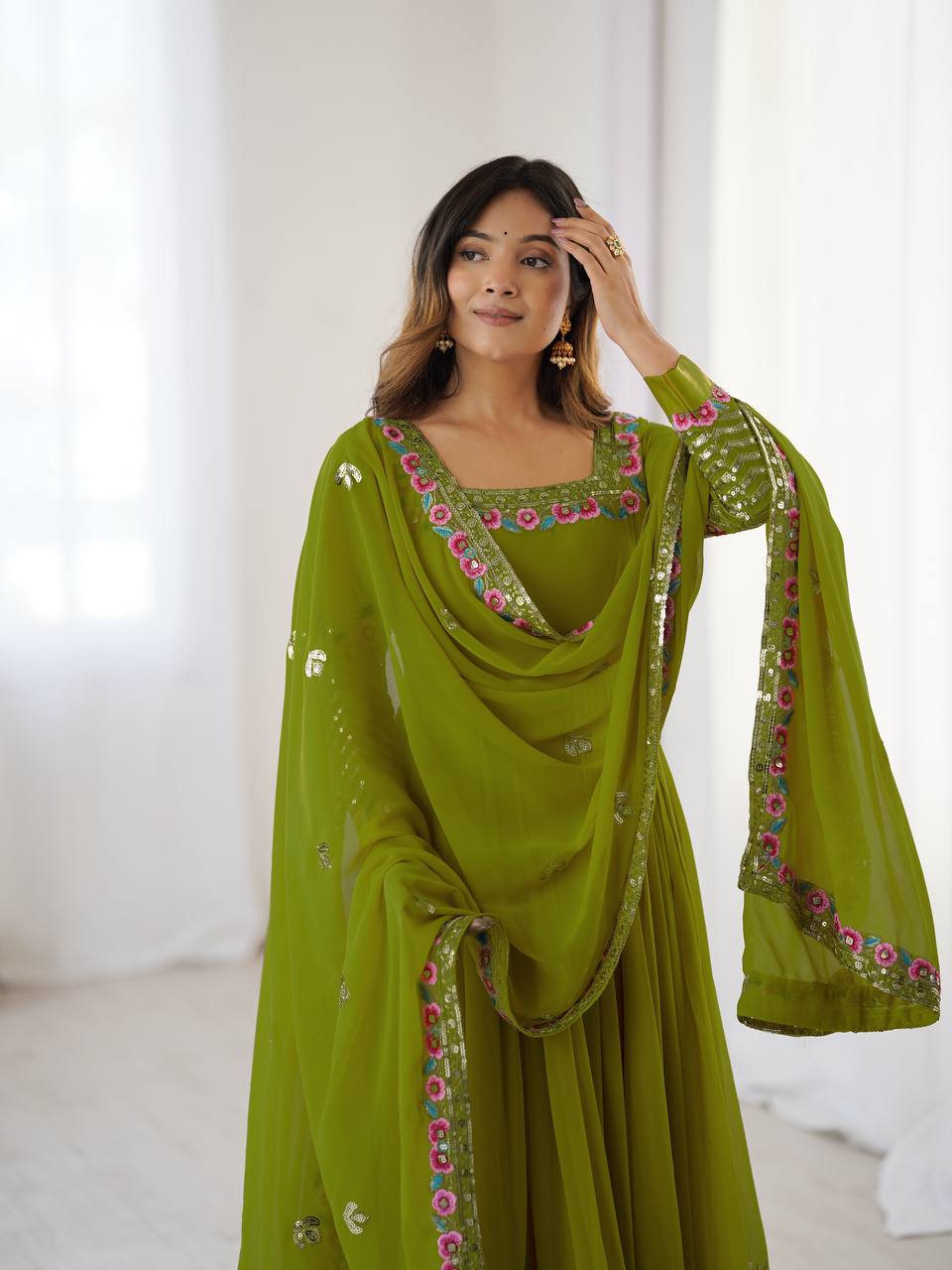 Green Color Heavy Georgette Embroidered Anarkali Gown Set with Dupatta & Bottom