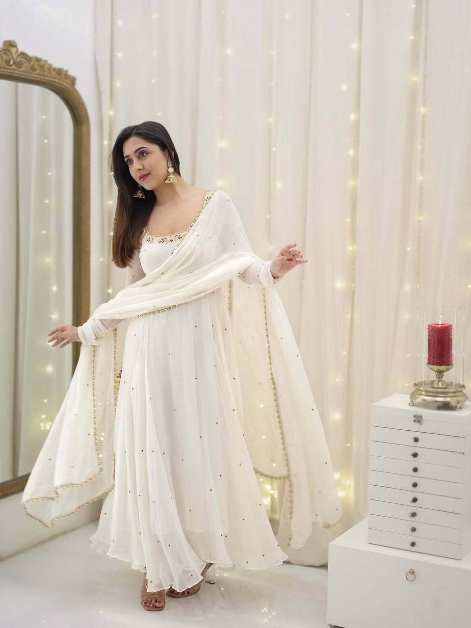 White Designer Faux Georgette With Embroidery Sequence Work Gown And Dupatta Set Fully Stitched Ready To Wear