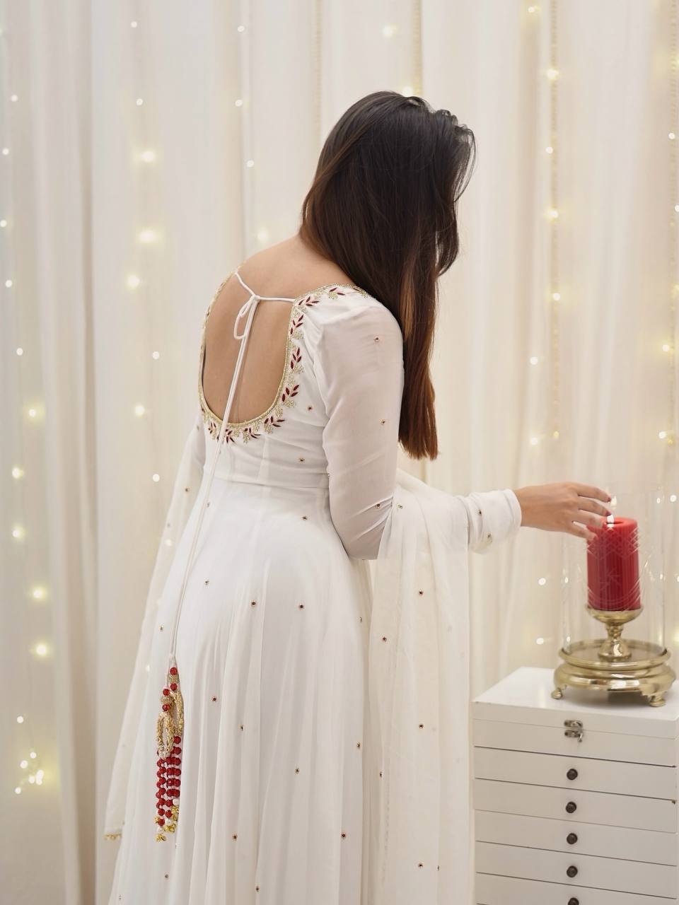 White Designer Faux Georgette With Embroidery Sequence Work Gown And Dupatta Set Fully Stitched Ready To Wear