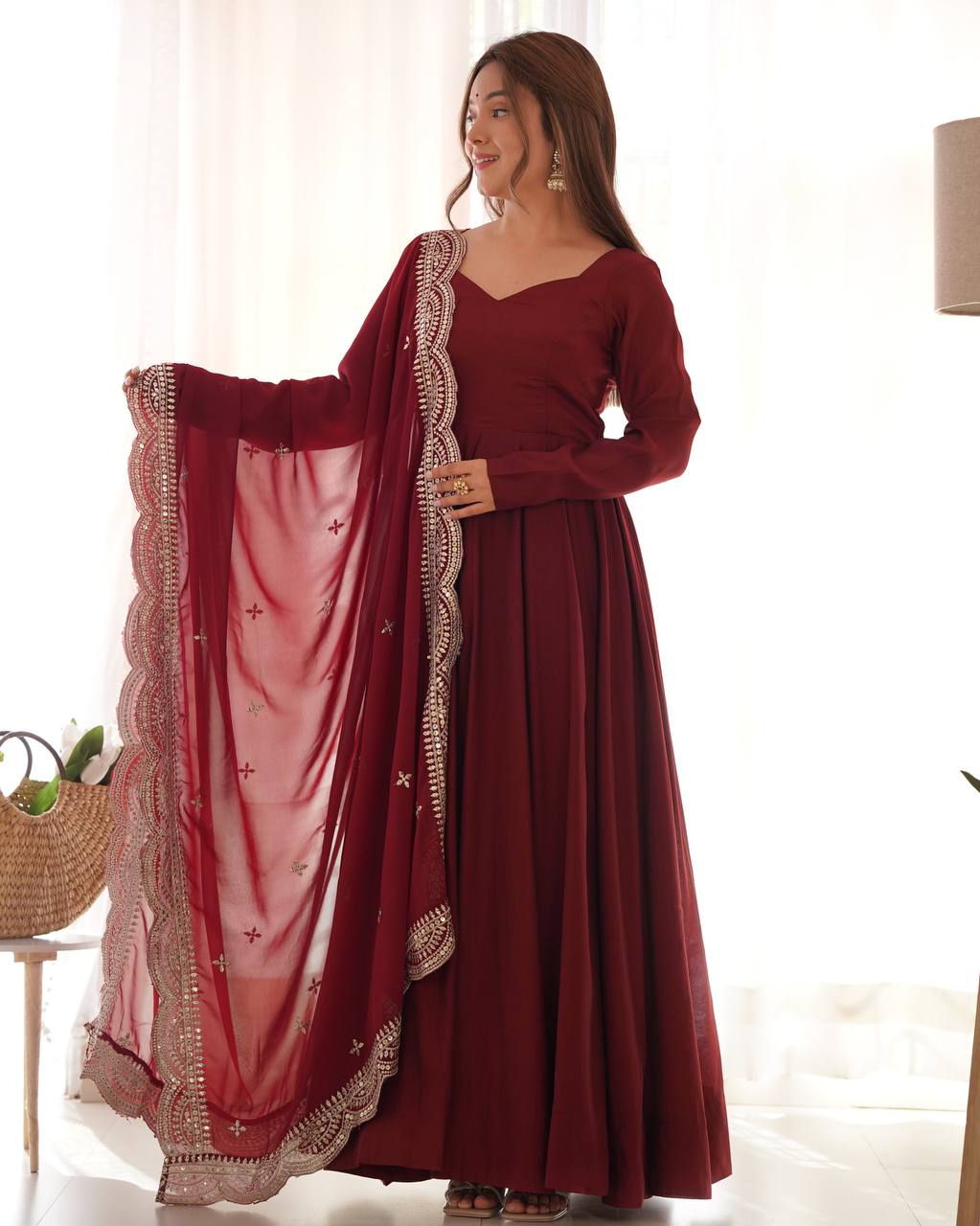 Maroon Designer Roman Silk Chanderi Anarkali – 5.5 Mtr Flair with Embroidered Dupatta & Pant