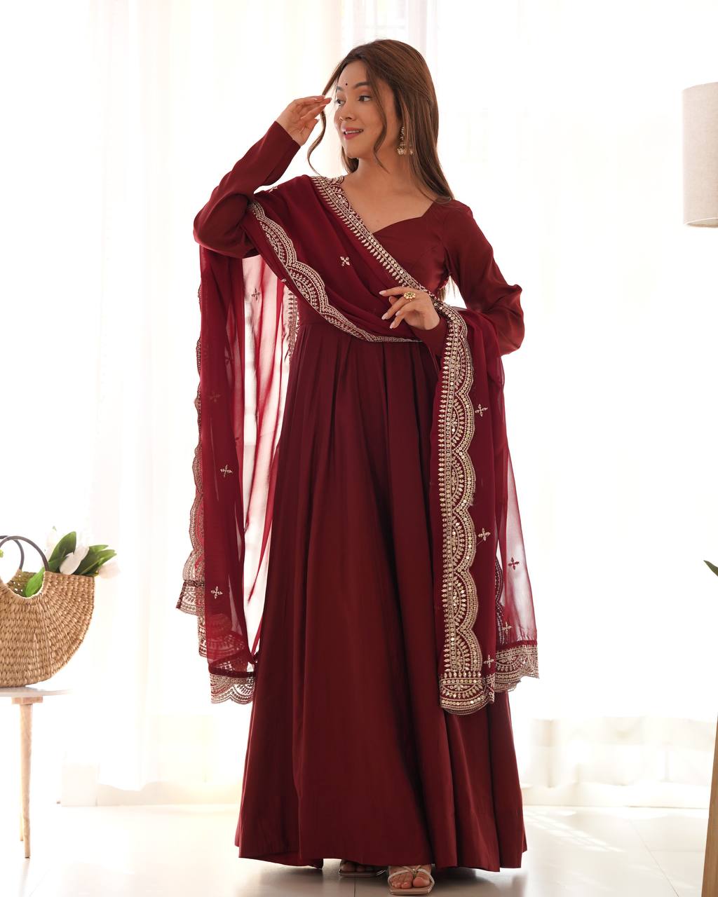 Maroon Designer Roman Silk Chanderi Anarkali – 5.5 Mtr Flair with Embroidered Dupatta & Pant