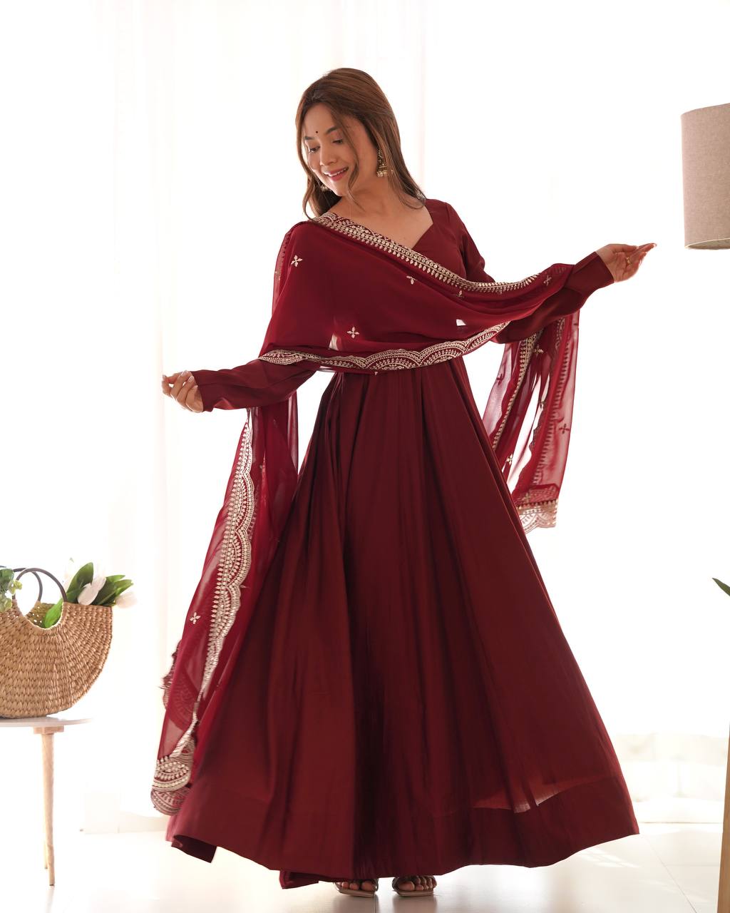 Maroon Designer Roman Silk Chanderi Anarkali – 5.5 Mtr Flair with Embroidered Dupatta & Pant