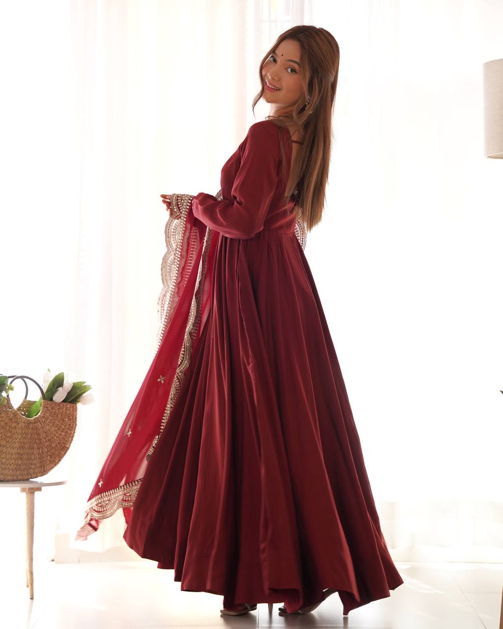Maroon Designer Roman Silk Chanderi Anarkali – 5.5 Mtr Flair with Embroidered Dupatta & Pant