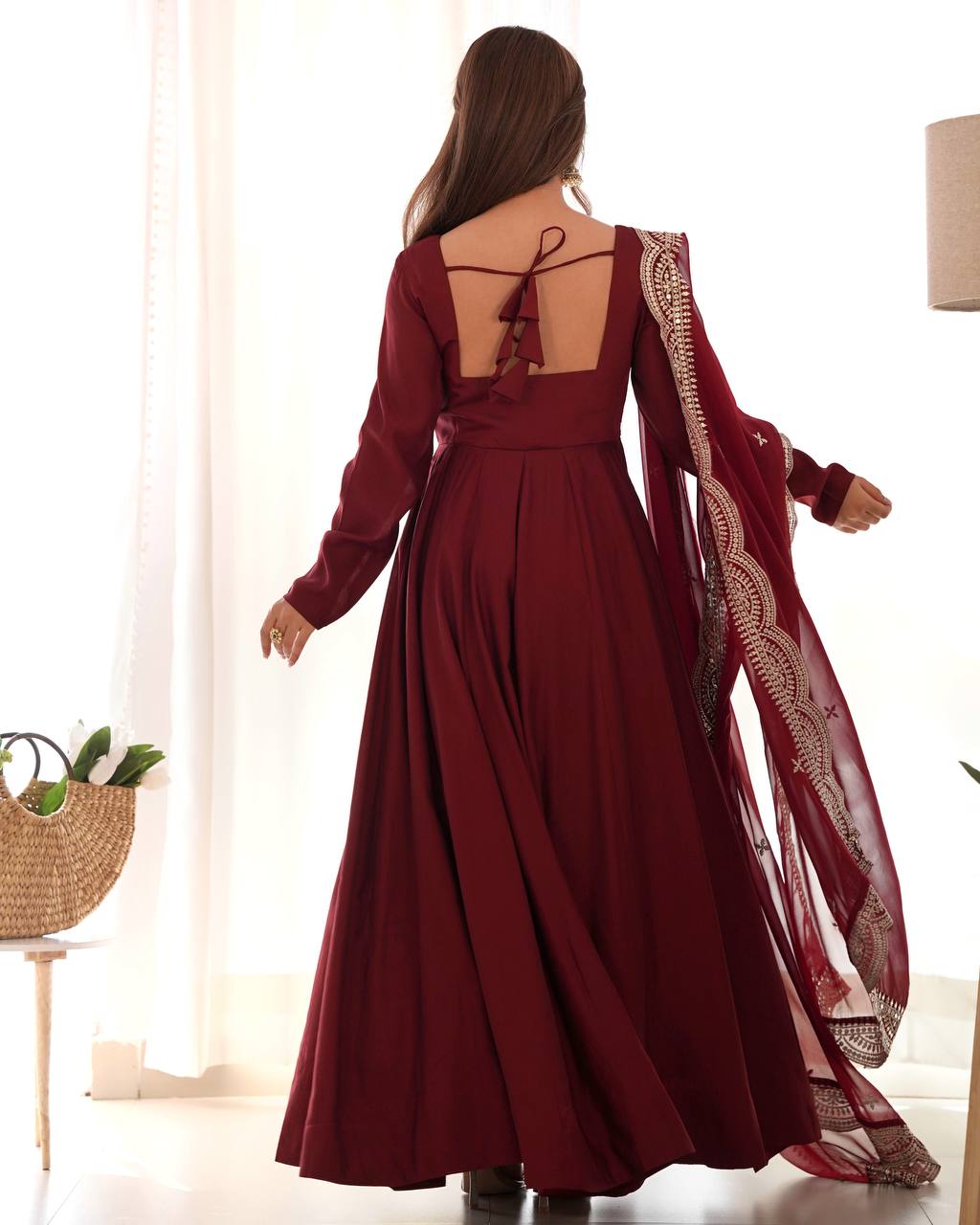 Maroon Designer Roman Silk Chanderi Anarkali – 5.5 Mtr Flair with Embroidered Dupatta & Pant