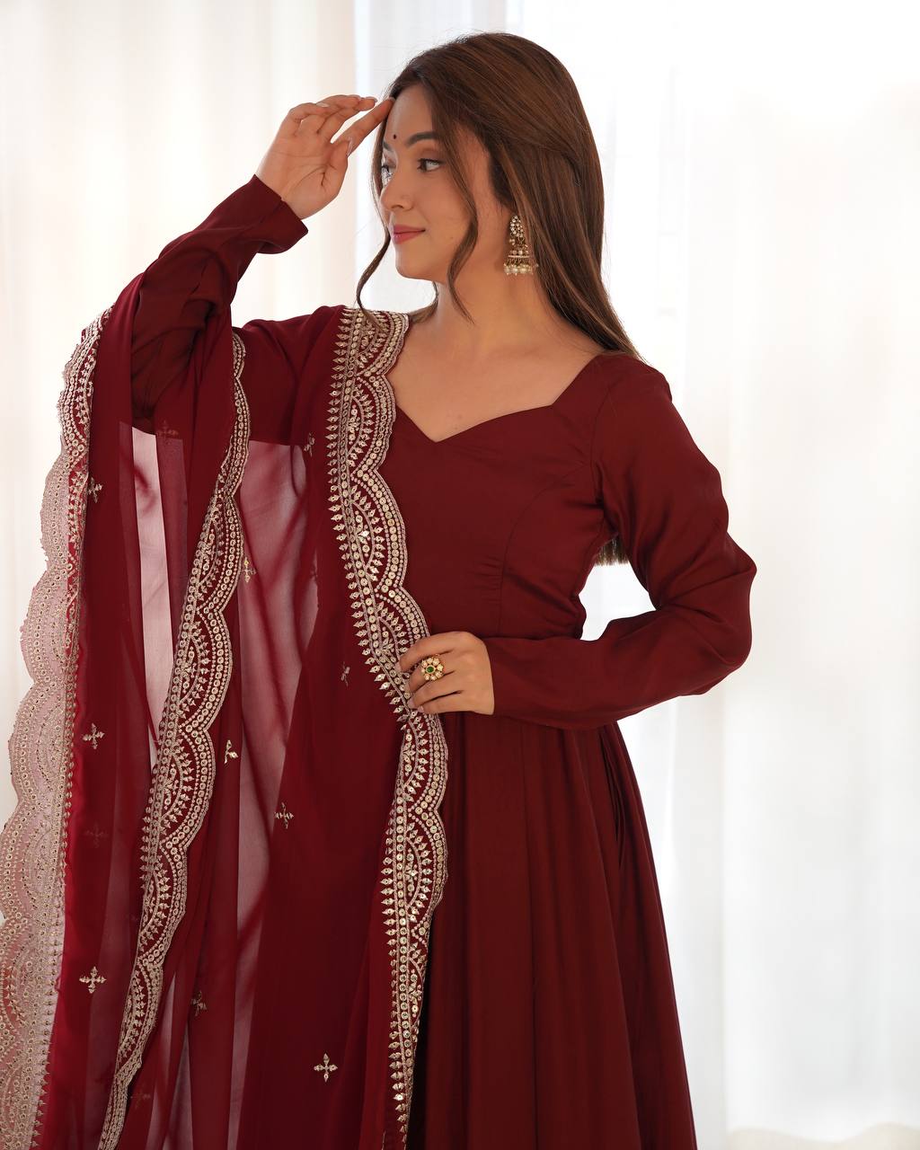 Maroon Designer Roman Silk Chanderi Anarkali – 5.5 Mtr Flair with Embroidered Dupatta & Pant