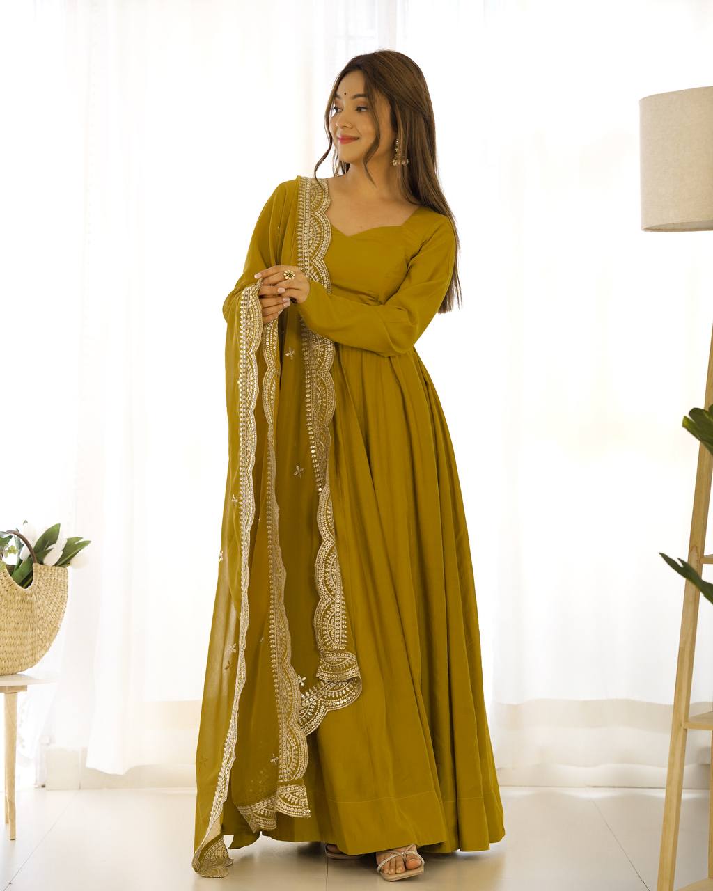 Mustard Designer Roman Silk Chanderi Anarkali – 5.5 Mtr Flair with Embroidered Dupatta & Pant