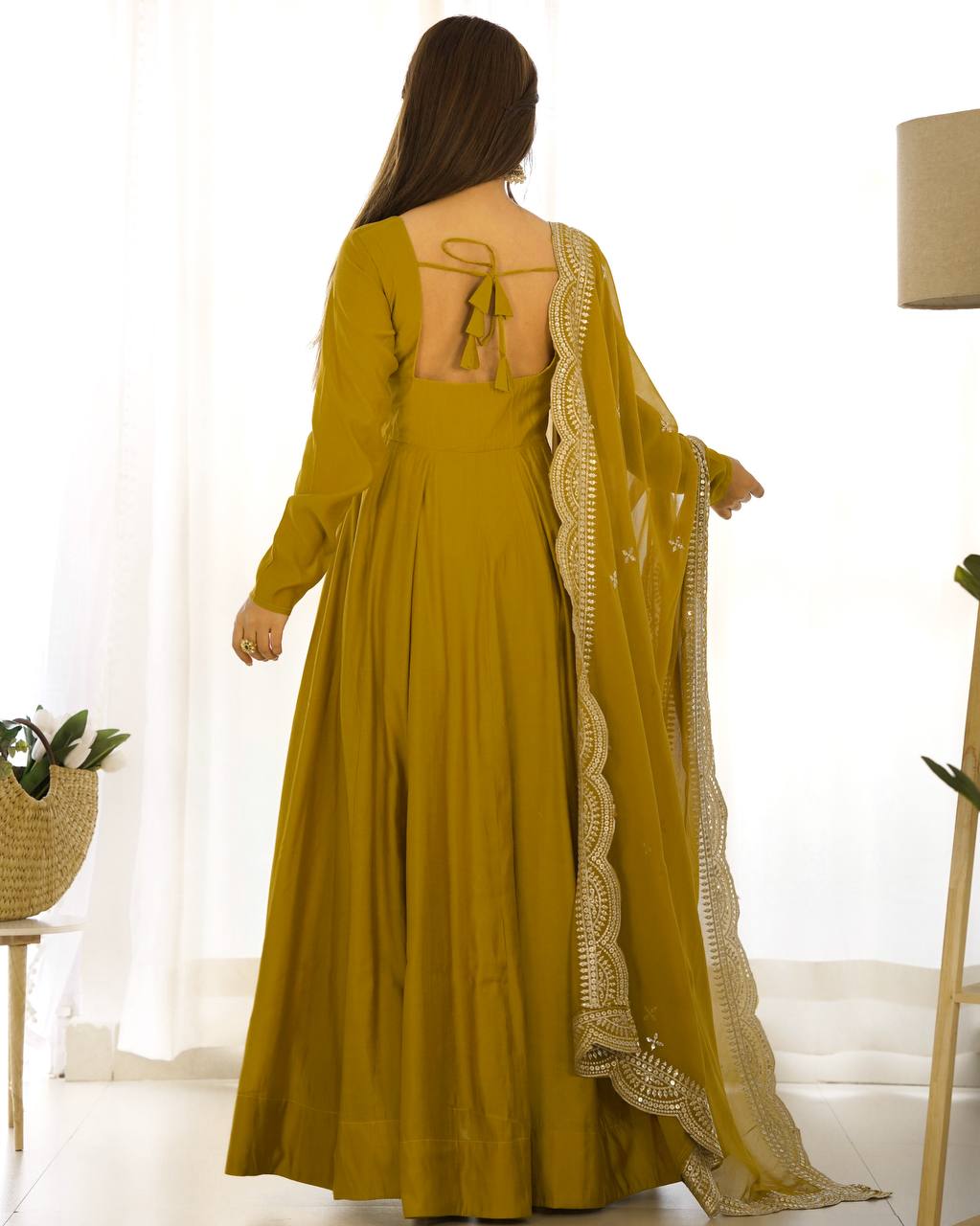 Mustard Designer Roman Silk Chanderi Anarkali – 5.5 Mtr Flair with Embroidered Dupatta & Pant