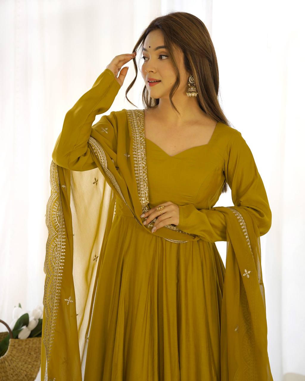 Mustard Designer Roman Silk Chanderi Anarkali – 5.5 Mtr Flair with Embroidered Dupatta & Pant