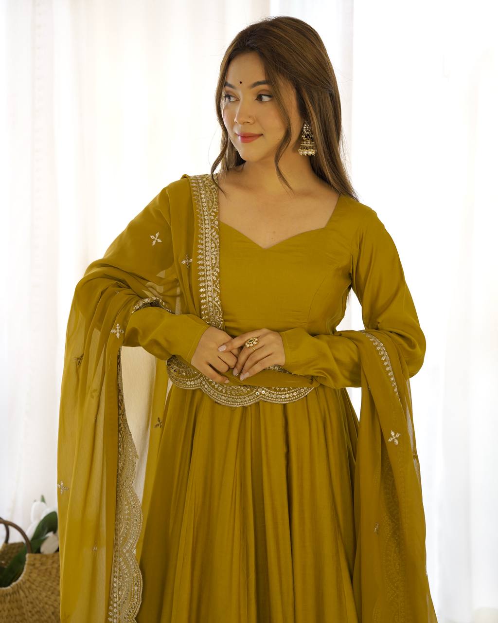 Mustard Designer Roman Silk Chanderi Anarkali – 5.5 Mtr Flair with Embroidered Dupatta & Pant