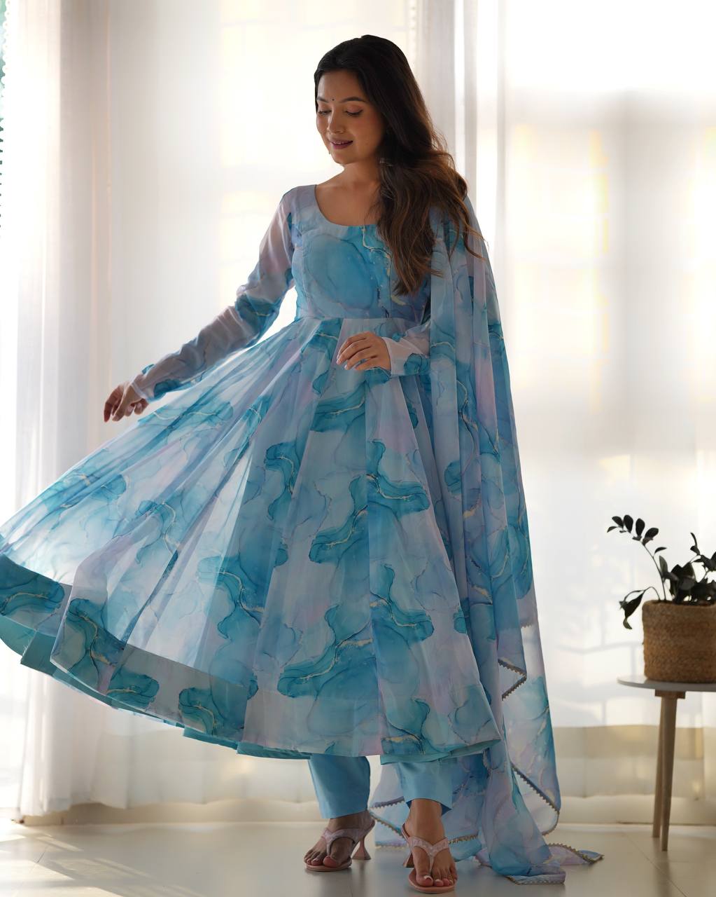 New Designer Elegant Pure Organza Silk Marble Print Anarkali Set