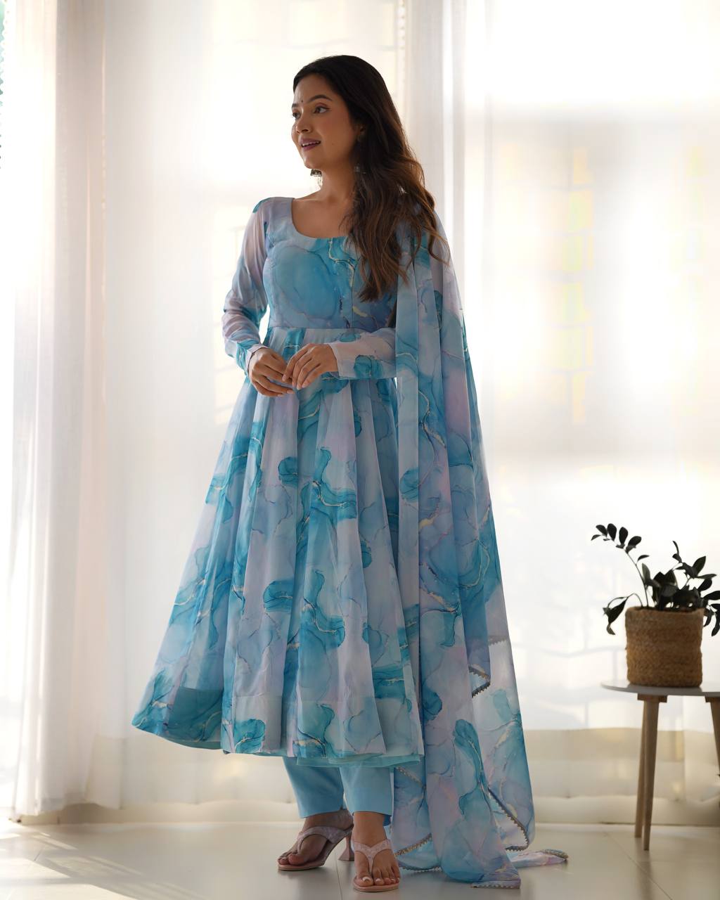 New Designer Elegant Pure Organza Silk Marble Print Anarkali Set